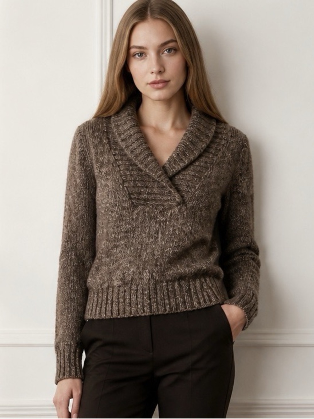 Suzy Shier Brown V-Neck Chunky Sweater Size Small
